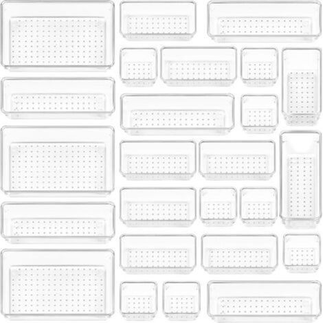 Vtopmart Lot de 25 Organisateurs de Tiroir – 4 Tailles, Rangement Tiroir en Plastique Transparent – Parfait pour Salle de Bain, Coiffeuse, Bureau, Cuisine, Outils et Maquillage