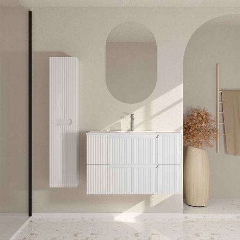 Mobile e Colonna Bagno LEON 80 cm Bianco Neve - Frontali Ondulati - Lavabo Bianco Opaco