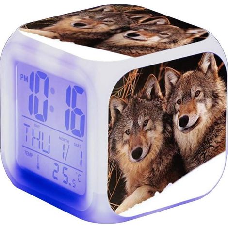 Réveil LED Wolf - Pour enfant - Réveil de chevet - Carré - Écran LCD éclairé - Motif loup (15) (1/5)