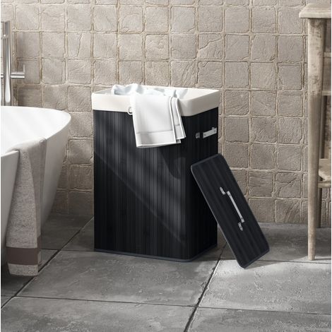 REDOM cesto para ropa sucia (40x30x60 cm), con tapa y bolsa extraíble, bambú y tela, negro (1/5)