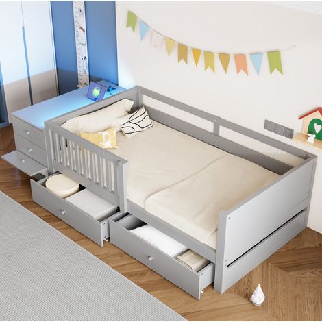 Cama infantil 245x95x62.3 cm gris en madera y metal con almacenaje, LED y toma de corriente (1/5)