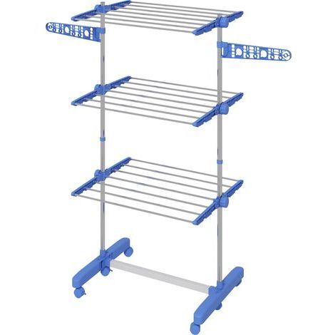 Étendoir à linge. 4 niveaux, pliable, système de pliage en un clic, 142 cm x 55 cm x 152 cm, bleu et argent (1/5)