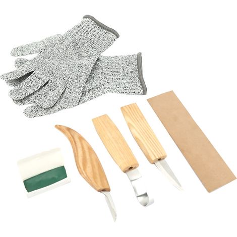 Ensemble de 5 outils de sculpture sur bois : ciseaux à bois, couteau et cuillère.
