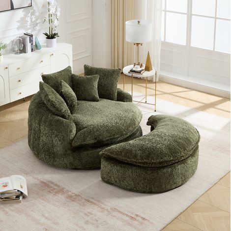 Poltrona lounge rotonda 190,5x138x63 cm in poliestere verde oliva con pouf - MEUBLIV (1/5)