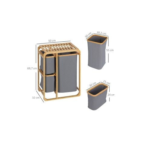Panier à linge gris et naturel en bambou avec 3 sacs amovibles et plateforme de tri pour salle de bain, chambre et buanderie (1/5)