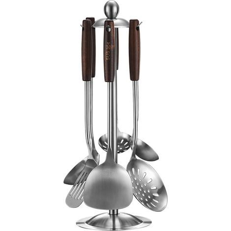 Spatule en acier inoxydable 304, ustensile de cuisine à manche en bois, cuillère à égoutter résistante aux hautes températures, ensemble d'ustensiles de cuisine, louche à soupe, accessoires de cuisine (1/5)