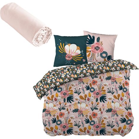 Parure de couette 260x240 CHAMPETRE et drap housse 200x200 ROSE (1/5)