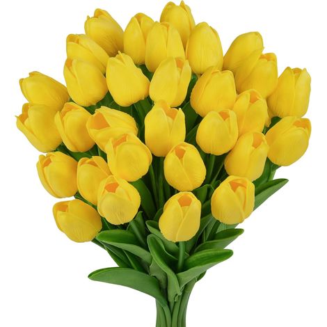 Set mit 20 künstlichen gelben Tulpen, 33 cm (13 Zoll), realistisches Aussehen, für Heimdekoration, Küche, Hochzeiten, Frühlingssträuße, Weihnachten, Valentinstag und Ostern. (1/4)