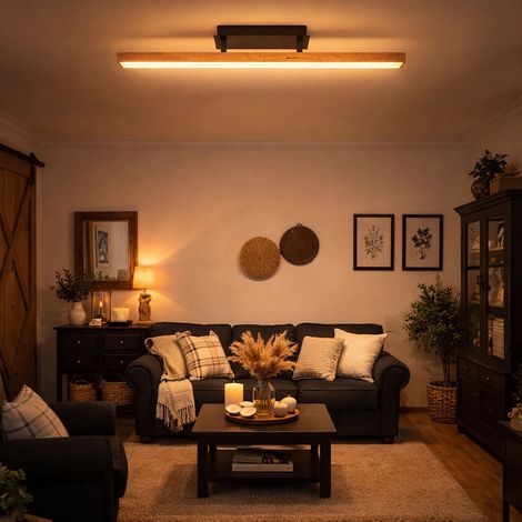 Deckenleuchte Holz Wohnzimmerlampe LED Deckenlampe Holzoptik warmweiss Holzleuchte Memory Funktion, Metall MDF natur schwarz, 1x LED 24W 850Lm 3000K, LxBxH 81,5x7,5x14 cm