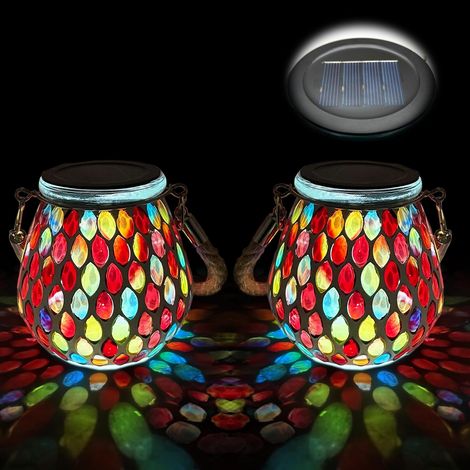 Lot de 2 lampes solaires ovales en mosaïque pour jardin, extérieur, lanternes solaires à suspendre, IP65, étanches IP65, pour table, pelouse, chemin, cour, terrasse, clôture, verre (1/5)