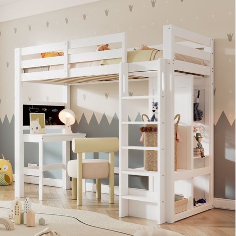 Letto a soppalco 206x110x185 cm bianco in legno con scrivania e armadio aperto (1/5)