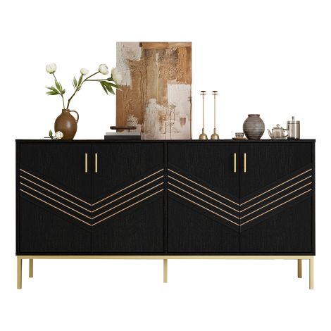 Buffet Moderne 4 Portes Noir et Or Corps MDF Pieds Métal 160x40x80,5cm