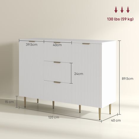 Buffet moderne avec 3 tiroirs, 2 placards et étagères réglables, en bois et métal, blanc. (1/5)