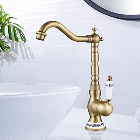 Robinet de Lavabo Rétro, Robinet Salle Bain en Laiton Bronzé, Haut Mitigeur Lavabo bec Pivotant à 360°, Eau Chaude et Froide Disponible, G3/8 (1/5)