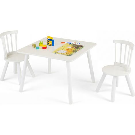Table pour Enfants et 2 Chaises, avec Dossiers Incurvés à Barreaux, Sièges Ronds & Pieds en Bois Massif Naturel, Mobilier pour Tout-petits, Blanc (1/5)