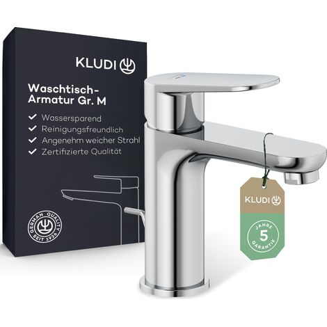 Robinet de lavabo avec bonde à tirette, hauteur de bec 95 mm, robinet d'économie d'eau de salle de bain taille M, cartouche en céramique, mitigeur lavabo avec tuyaux de raccordement chromés