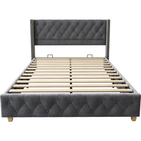 Cama tapizada 140x190 cm en terciopelo gris con somier de láminas y cabecero capitoné MODENUIT (1/5)