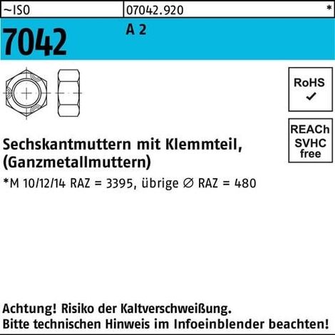 Écrou hexagonal ISO 7042 Pièce de serrage M20 A 2 25 pièces