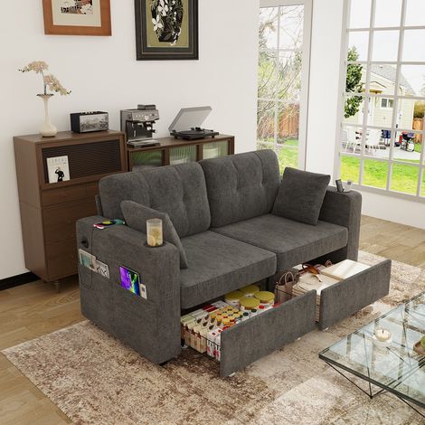 Sofá de 2 plazas - 172 x 75 x 82 cm - con cajones de almacenamiento, USB y portavasos - en chenilla gris (1/5)