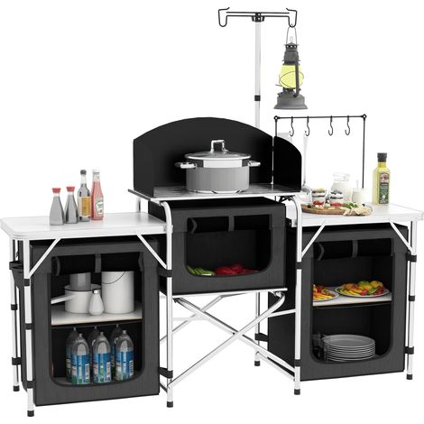 Cucina da Campeggio Pieghevole a 3 Piani con 5 Ripiani Interni e 4 Ganci, 172x48x130 cm, Nero