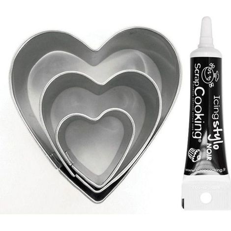3 mini emporte-pièces inox Coeurs + Stylo de glaçage noir