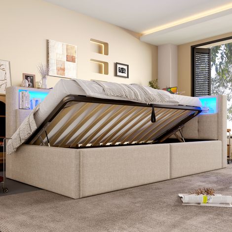 Letto da giorno moderno in lino beige 90x200 cm con testiera contenitore, LED multicolore, USB/Type-C e vano idraulico (1/5)