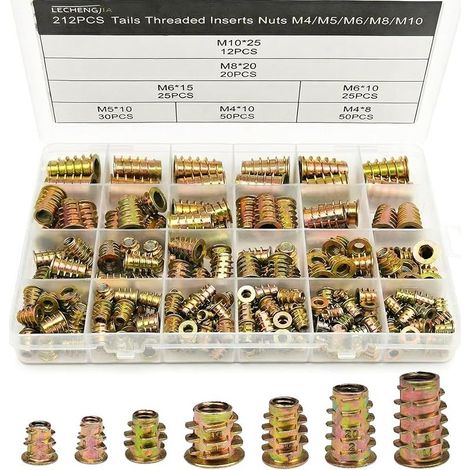 212 Pièces Insert Fileté Bois M4/M5/M6/M8/M10, Ecrou Inserts Filetés, Écrous Manchons à Visser Filetée Insert Ecrou Hexagonal pour Fixation et Connexion de Meubles en Bois, Acier au Carbone (1/5)