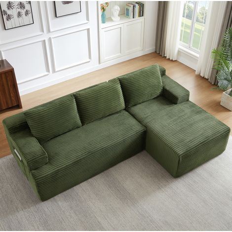 MODFU – Sofá esquinero modular de pana con asiento profundo, respaldo nube, espuma y muelles ensacados, montaje sin herramientas – Verde