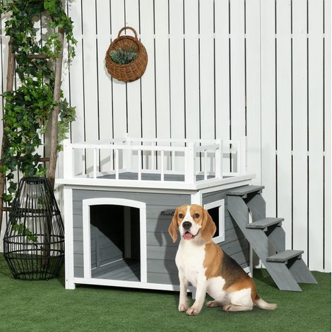 Cuccia rialzata per cani con balcone e scala, 121 x 77 x 78 cm, legno, grigio chiaro (1/5)