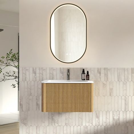Mueble de baño mural con lavabo 80 cm y espejo LED ovalado 50 x 80 cm, roble DESVIAE (1/5)