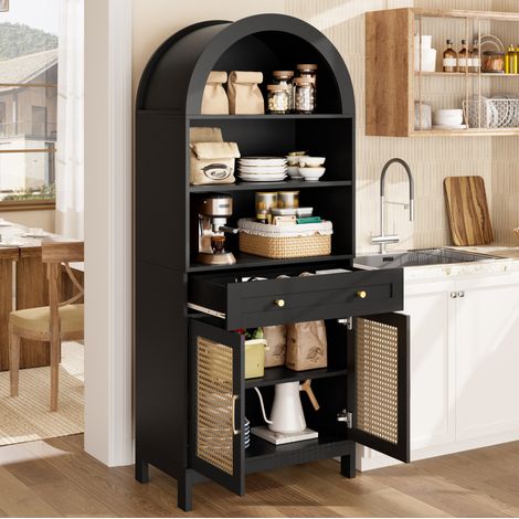 Credenza vetrina 70x40x170 cm in pannelli di legno, nero e legno FloraGrace (1/5)