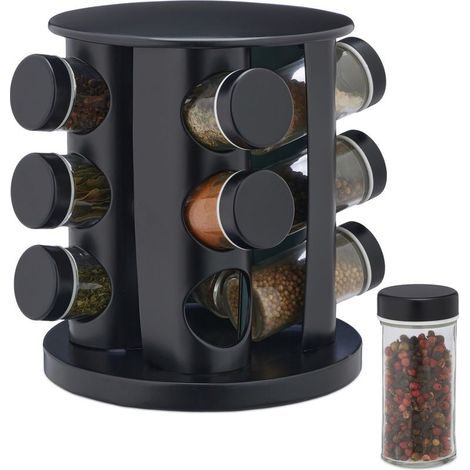 Tourniquet à épices avec 12 pots en verre, rotatif, embouts tamiseur, remplir, pour la cuisine, noir (1/5)