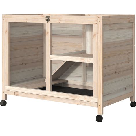 Kaninchenstall aus Massivholz, 2 Etagen mit aufklappbarem Dach, fahrbar, inklusive Plattformen, 91,5 x 53,3 x 73 cm, Naturholz