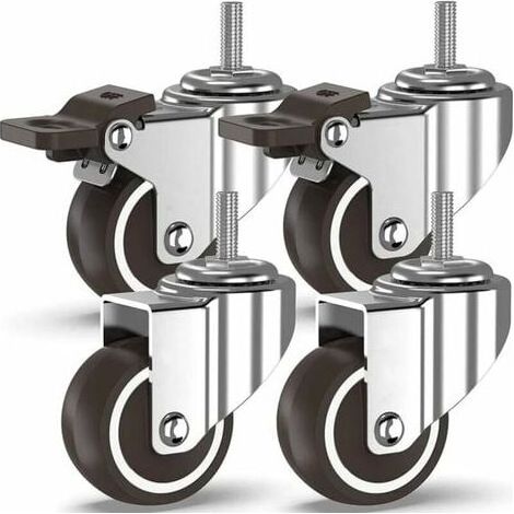 Roulettes pivotantes 4 à tiges filetées, roulettes pour meubles, roues à freins pour transport industriel de planches (50 mm avec tiges M10, 2 avec freins, 2 sans freins) (1/4)