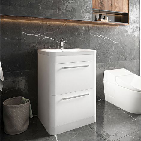 Hudson Reed Solar Matt Pure White 600mm Floor Standing 2 Drawer Vanity Unit and Ceramic Basin - SOL101A (1/5)