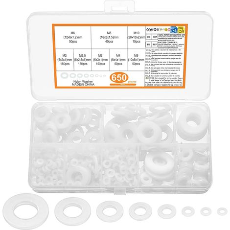 650 Pièces Rondelles Nylon, Rondelles Plates Plastique, Rondelles Entretoises Rondes, Rondelles étanchéité Frein Isolation de Fixations Industrielles - M2/M2.5/M3/M4/M5/M6/M8/M10 (1/5)