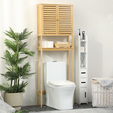 kleankin Étagère Dessus WC Salle de Bain  2 Portes + Étagère Ouverte  60x23x173 cm  Bambou