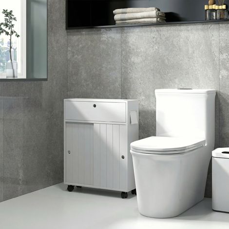 Lot de 2 Meubles de Salle de Bain Étroits sur Roulettes, Portes Glissantes, Rayonnages Réglables et Distributeur de Papier WC, Blanc (1/5)