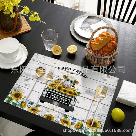 Easter Placemat, Leather, Non-slip, Heat-insulating, Waterproof, Suitable for Home Use, Hotels, and Western Styles - Black and White - Sunflower, Cow, and Cart - 3045cm