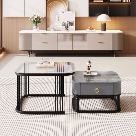 Lot de 2 tables basses empilables : dessus imitation marbre brillant et verre, piètement noir, table auxiliaire à tiroirs (1/4)