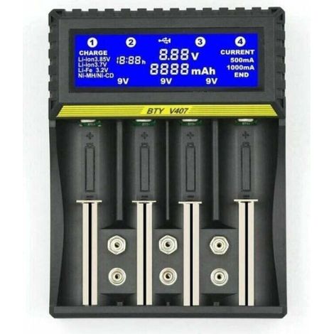 BTY407 Multifunktionales Akkuladegerät für 18650 Li-Ion/NiMH/NiCd/5AA/7AAA/9V Akkus