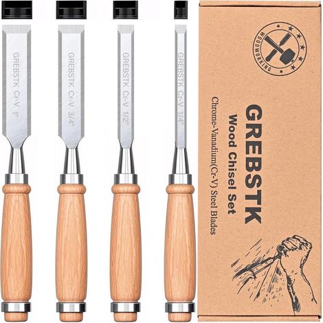 Stechbeitel 4tlg CRV Stahl Schrägkante Buchenholz Griff 9chisel (1/5)