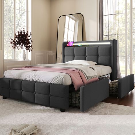 Letto imbottito 90x200 cm con 2 cassetti, LED e ricarica USB, grigio, senza materasso