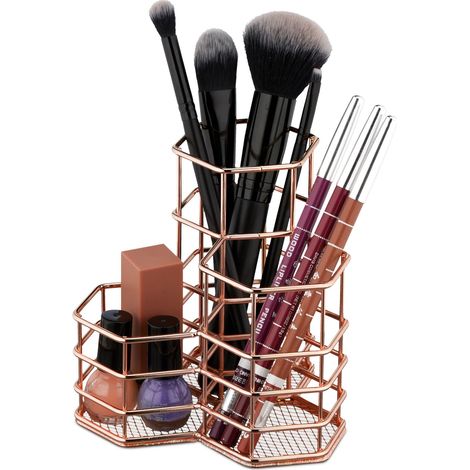 Relaxdays Brush Holder, 3 Compartments, Hexagon, H x W x D 12.5 x 12 x 12.5 cm, Wire, Pen Holder, Organiser, Rosegold (1/5)