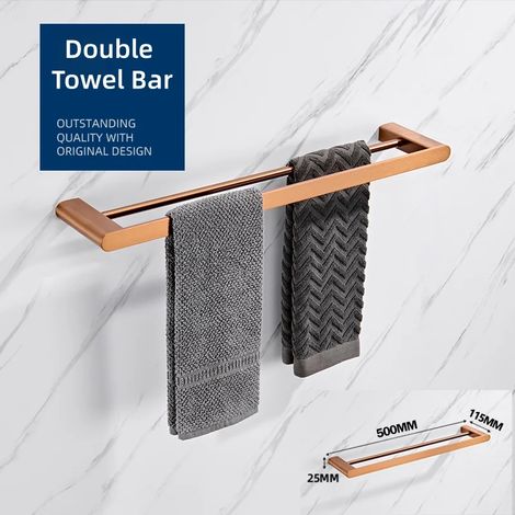 Porte-serviettes double en or rose brossé avec porte-serviettes, porte-papier toilette, crochet pour peignoir, porte-gobelet, brosse WC et porte-savon. Accessoires de salle de bain. (1/5)