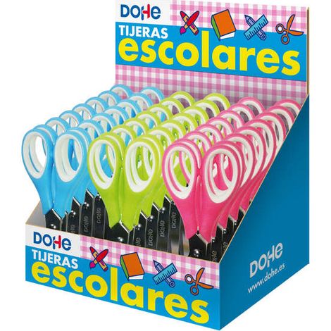 Expositor de 24 tijeras escolares de 125 mm. Hojas de acero inoxidable, puntas redondeadas. Mango ergonómico de plástico y caucho. Colores surtidos az
