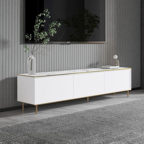 Mueble para TV Sassello, 3 Puertas, con Acabados dorados, 3 Compartimentos, 180x35x45h cm Blanco (1/5)