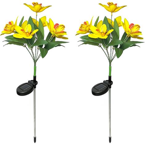 Lot de 2 lampes solaires en forme d'orchidée, idéales pour un cadeau de Noël ou comme décoration extérieure pour jardin, terrasse ou cour. Hauteur : 70 cm. (1/5)