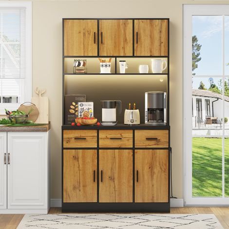Bahut multifonctionnel 100 x 40 x 180 cm avec éclairage LED contrôlé par appli, tiroirs, tablettes ajustables, passages de câbles et prises pour cuisine et salle à manger (1/5)