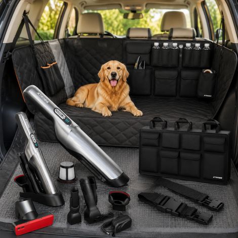 Dog-Friendly Car Kit (3-Piece) – Rear Seat Dog Mat, Back Seat Organizer & Cordless Car Vacuum